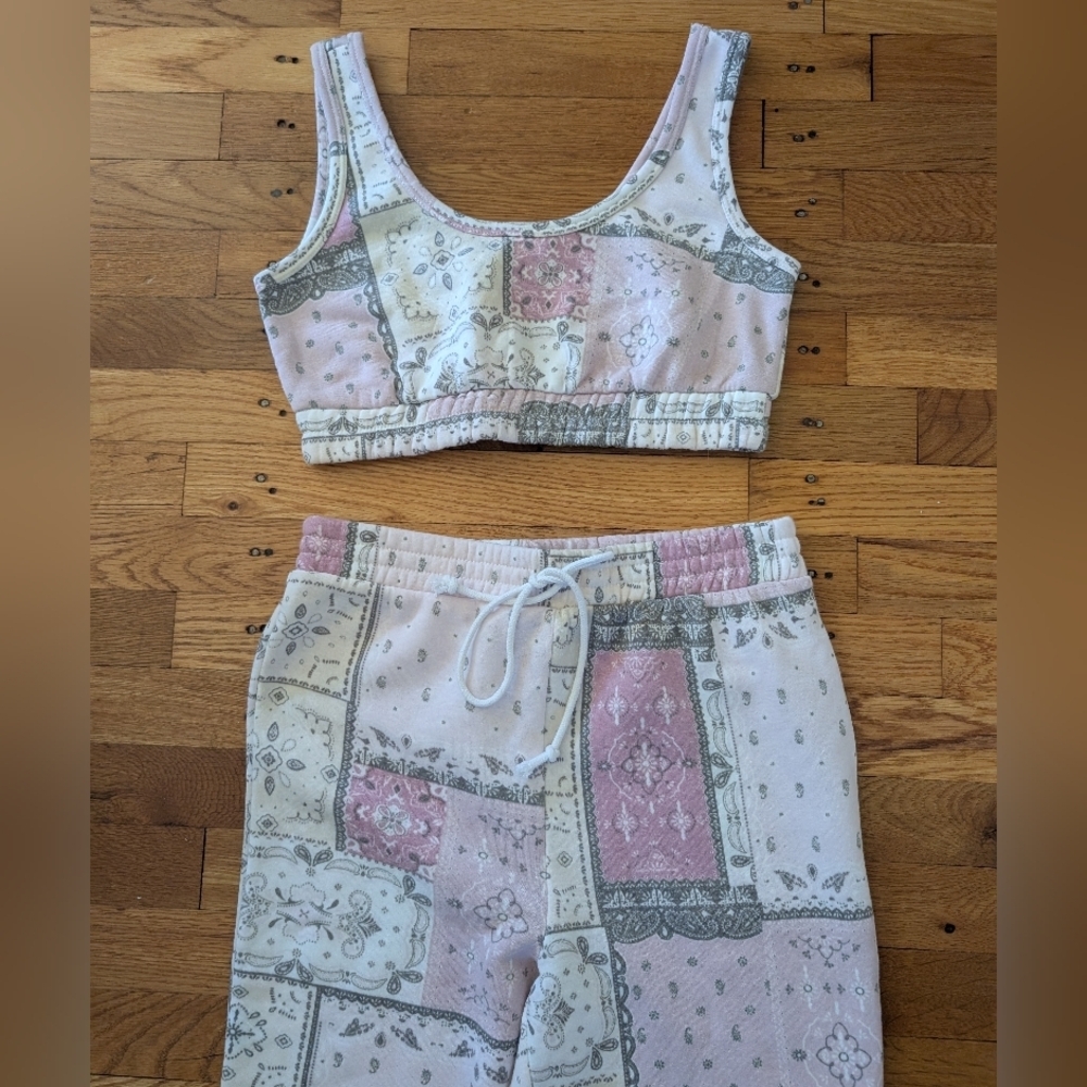 Forever 21 Pink & Cream Patchwork Crop Tank and Joggers Set